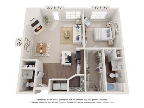 a 1 bedroom floor plan with a bathroom and a living room